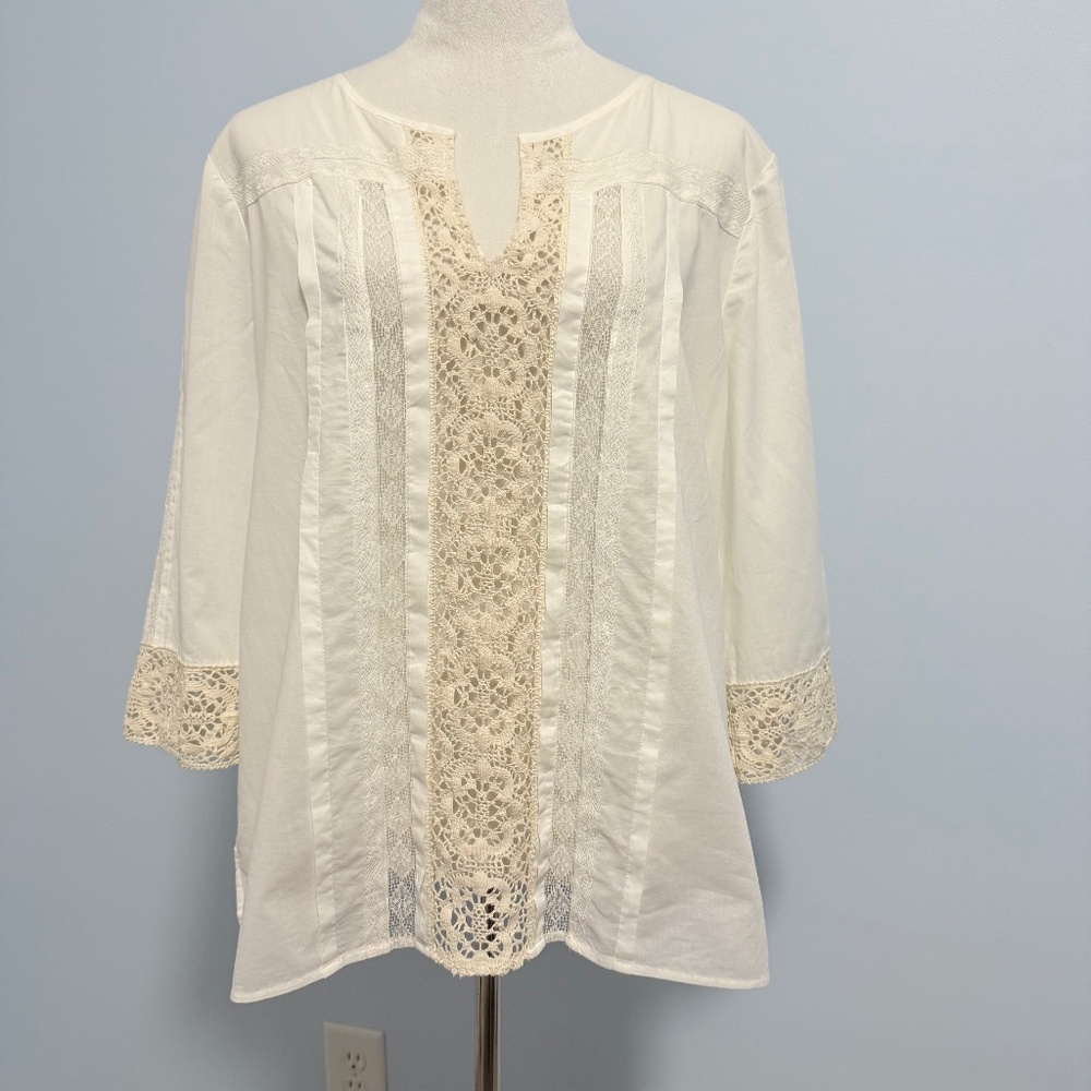 Chico's 2 Lightweight Fine Cotton Lace‎ Romantic Blouse Top Size L